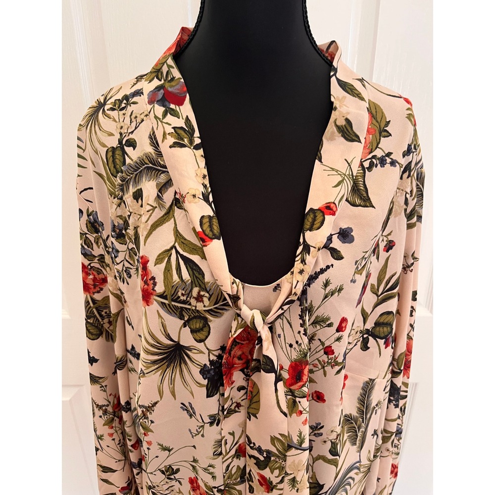 Anne Klein 2X Floral Tie Neck Blouse Botanical Long Sleeve Plus Size Ivory